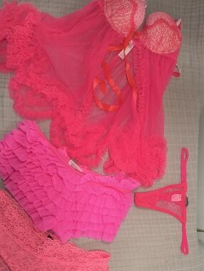 Victoria's Secret Neon Pink Ruffled Babydoll & Lingerie Set